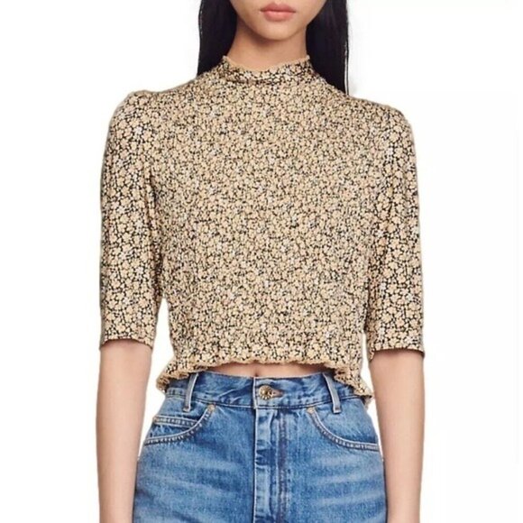 Sandro Gigi Floral-Print Smocked Crop Tee SIZE S Small - Picture 2 of 14